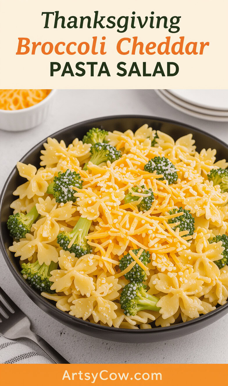 thanksgiving broccoli cheddar pasta salad pin image