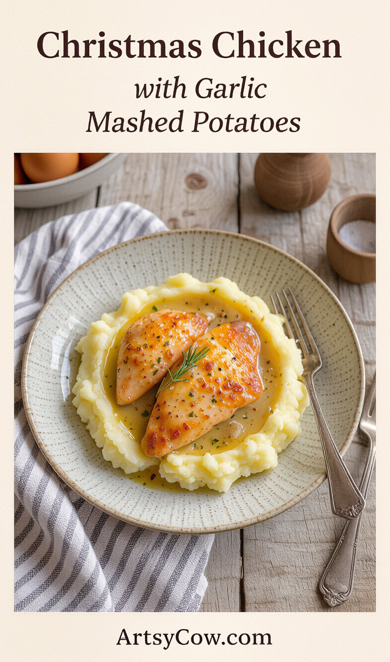 christmas chicken with garlic mashed potatoes pin image