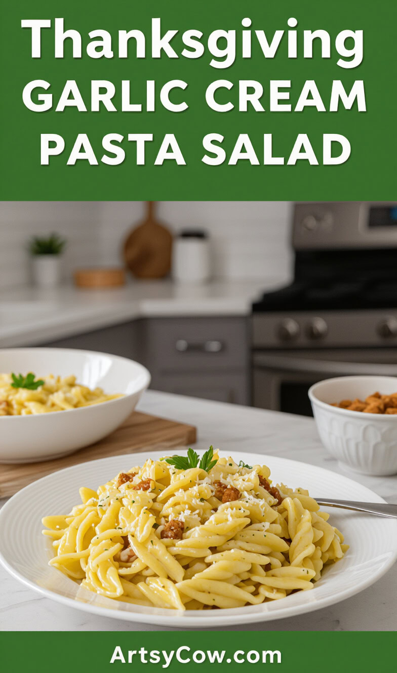 thanksgiving garlic cream pasta salad pin image