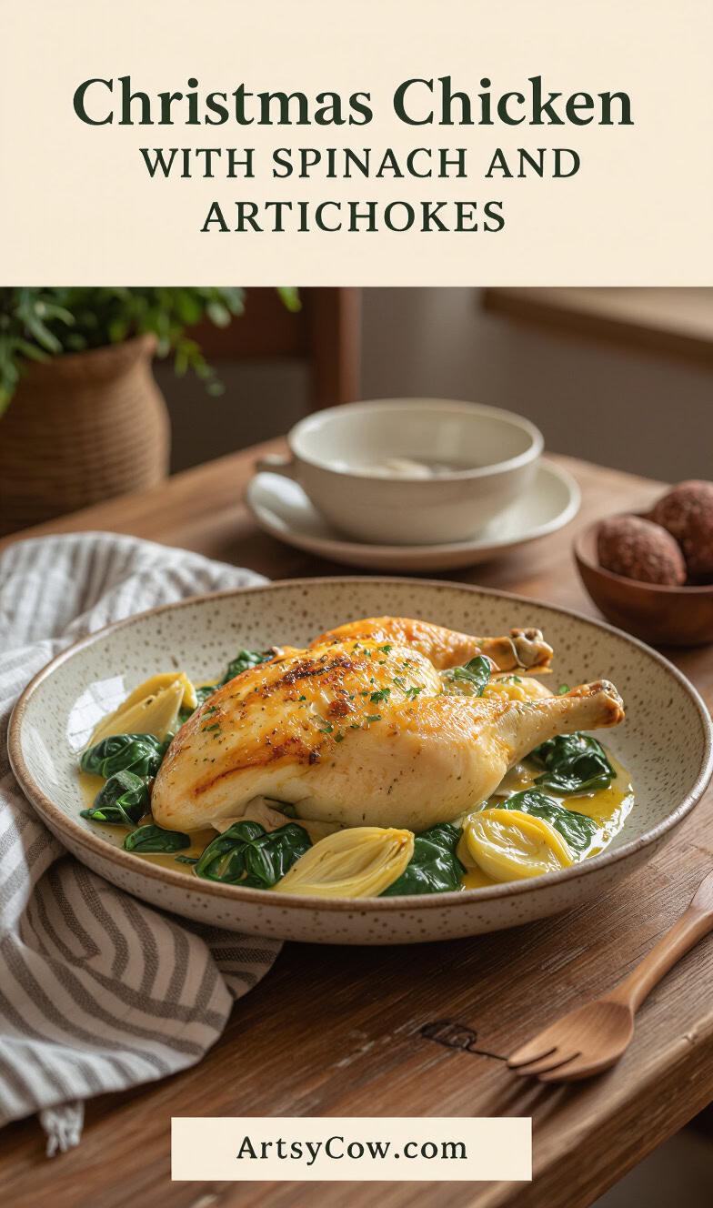 christmas chicken with spinach and artichokes pin image
