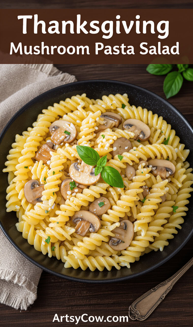 thanksgiving mushroom pasta salad pin image