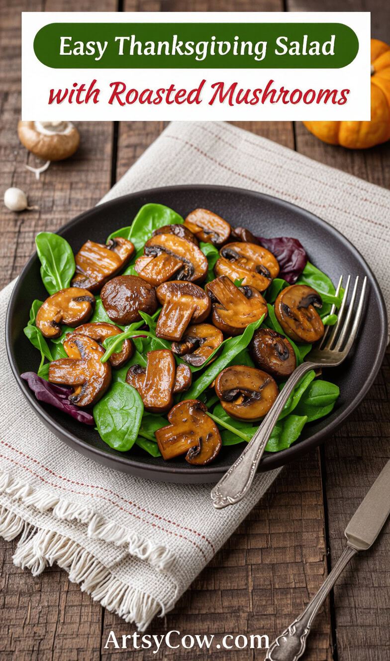 easy thanksgiving salad with roasted mushrooms pin image