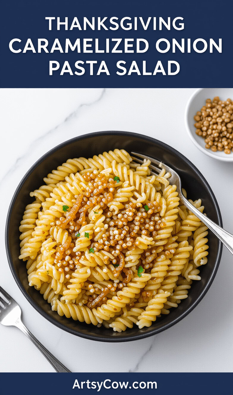 thanksgiving caramelized onion pasta salad pin image