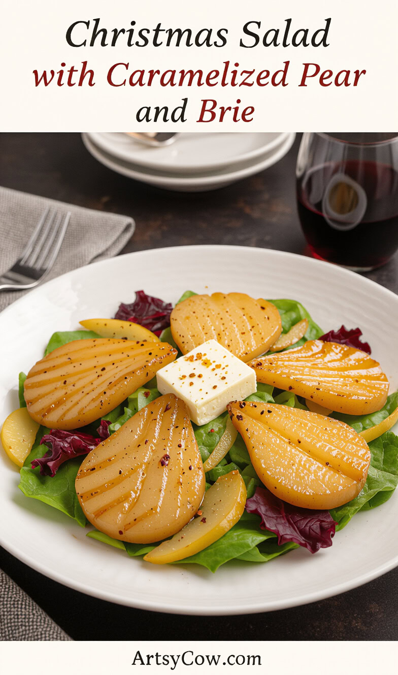 christmas salad with caramelized pear and brie pin image