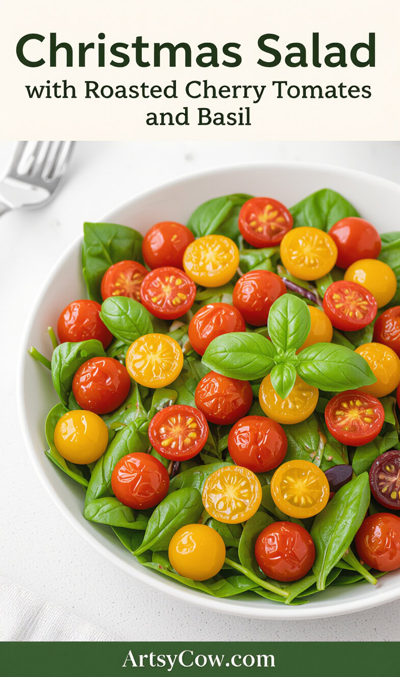 christmas salad with roasted cherry tomatoes and basil pin image