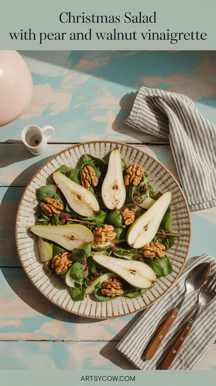 christmas salad with pear and walnut vinaigrette pin image