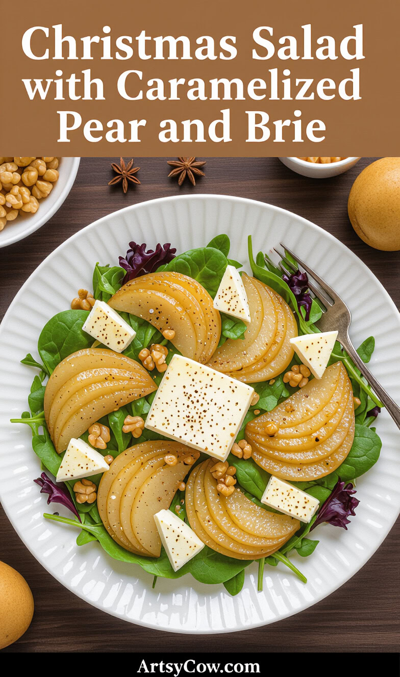 christmas salad with caramelized pear and brie pin image