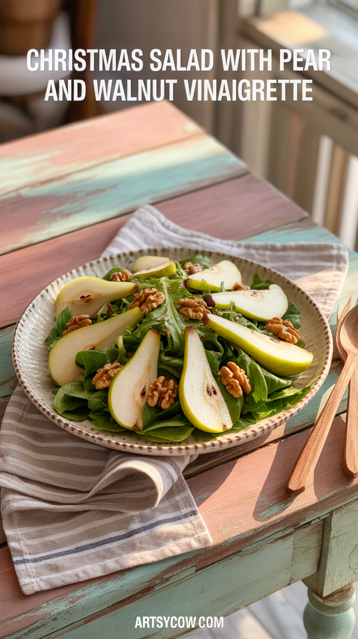 christmas salad with pear and walnut vinaigrette pin image