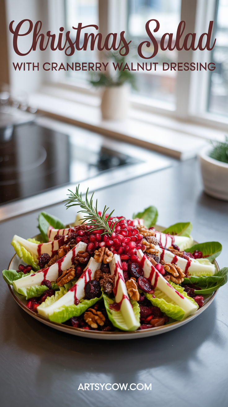 christmas salad with cranberry walnut dressing pin image