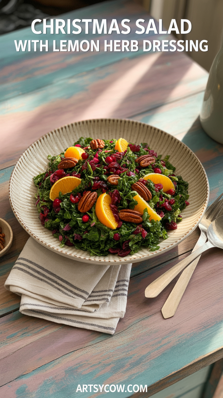 christmas salad with lemon herb dressing pin image