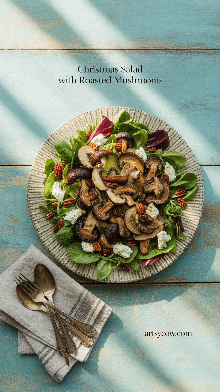 christmas salad with roasted mushrooms pin image