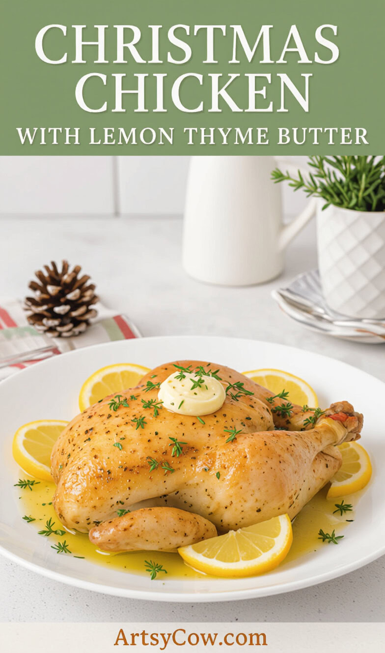 christmas chicken with lemon thyme butter pin image
