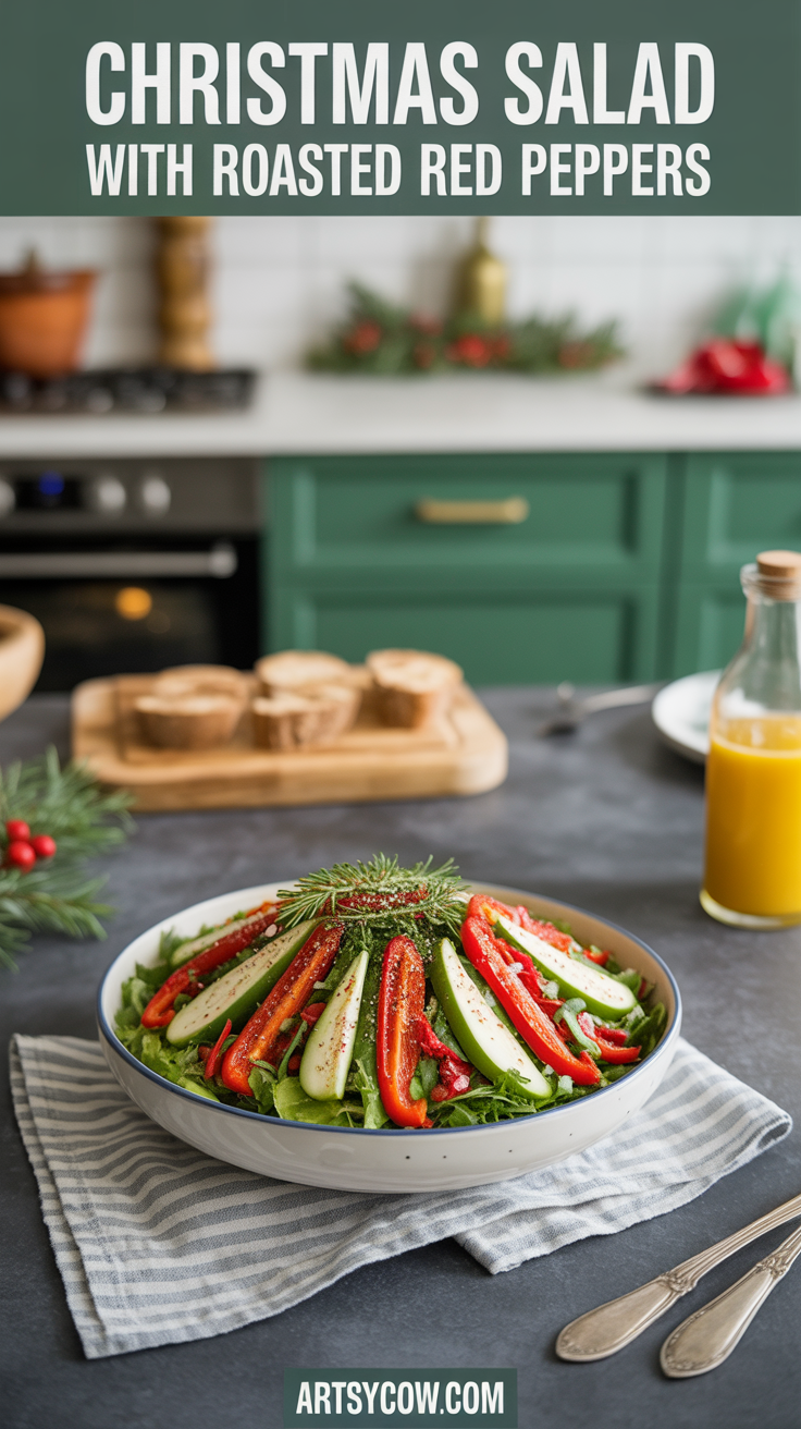 christmas salad with roasted red peppers pin image