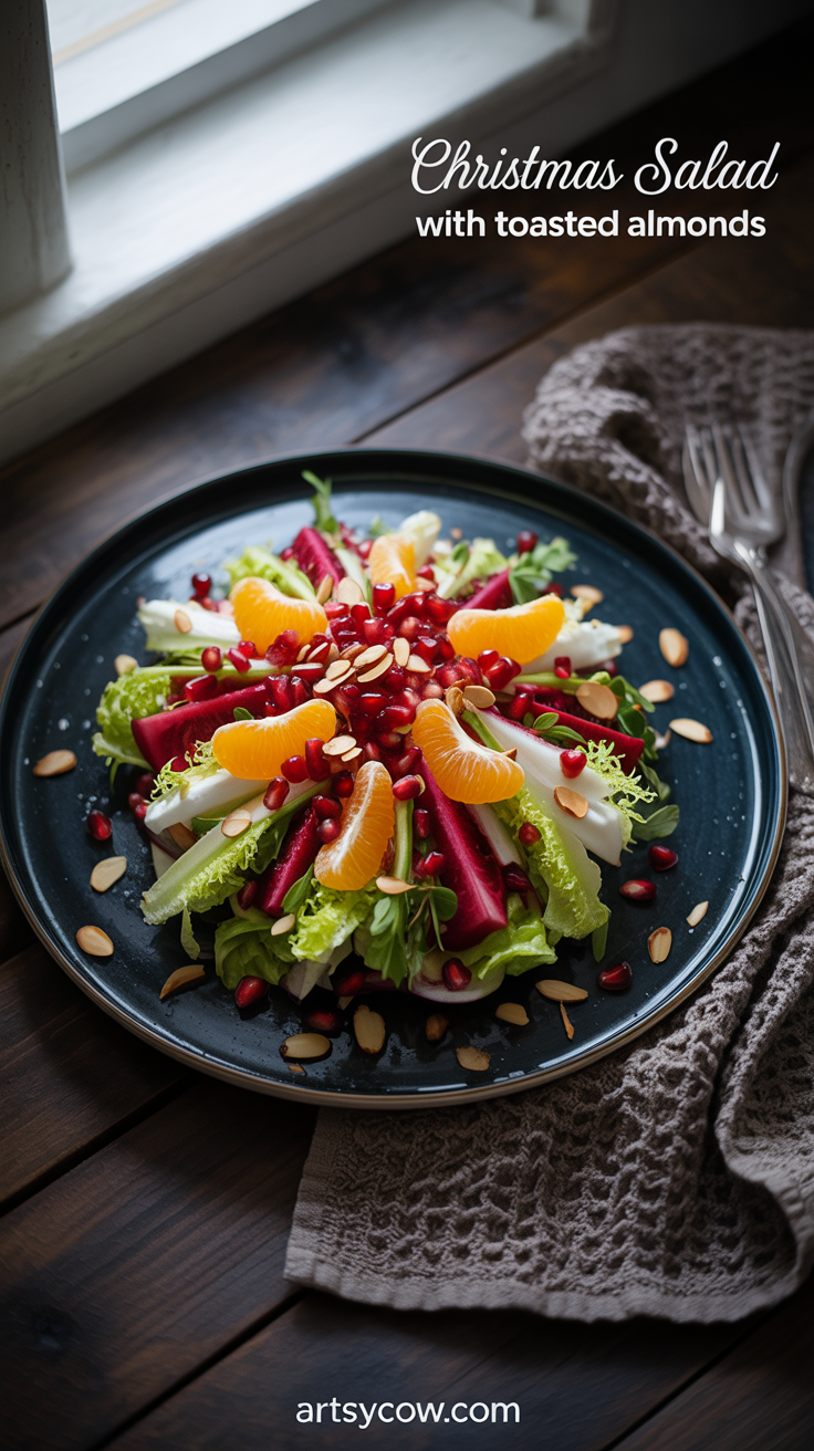 christmas salad with toasted almonds pin image