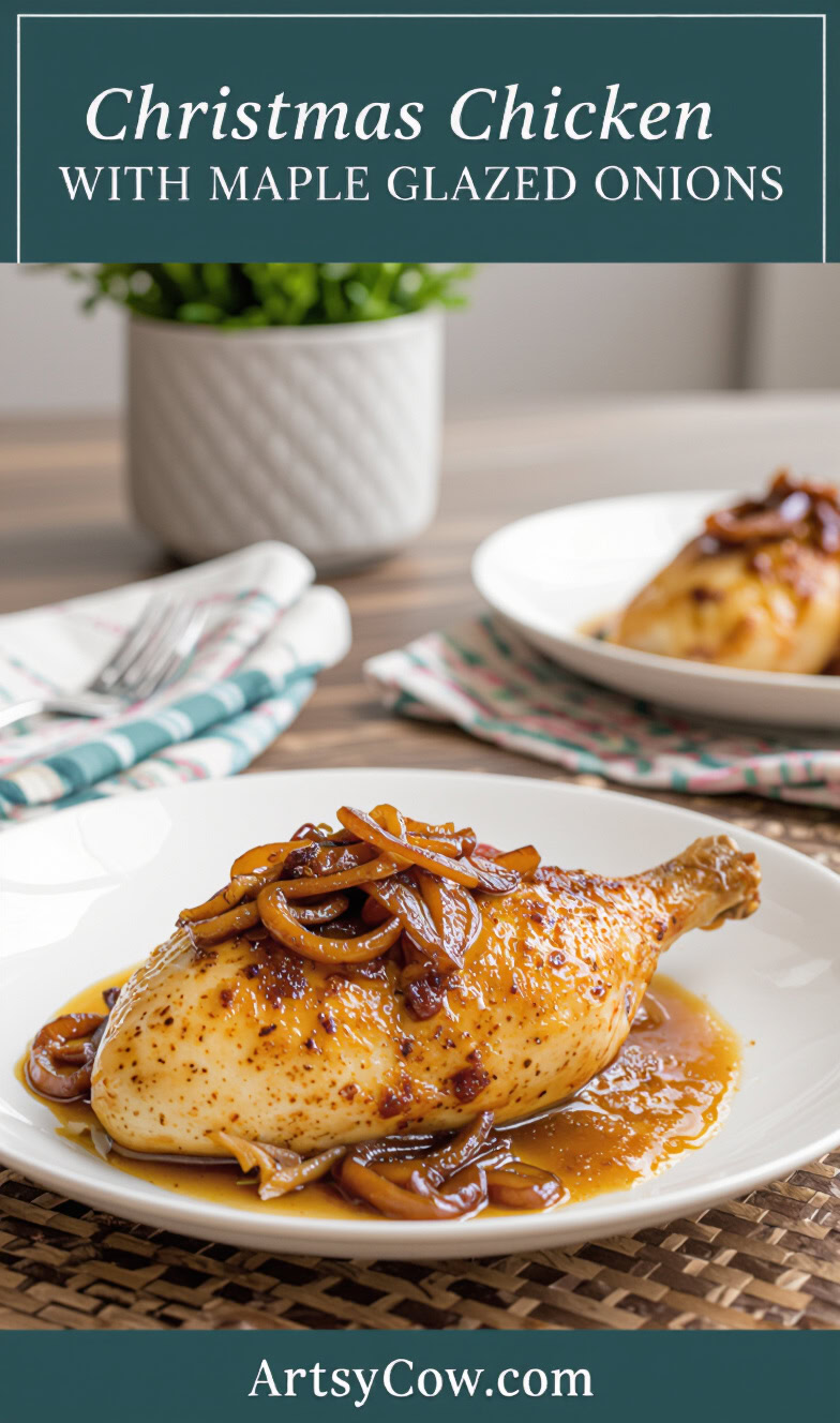 christmas chicken with maple glazed onions pin image