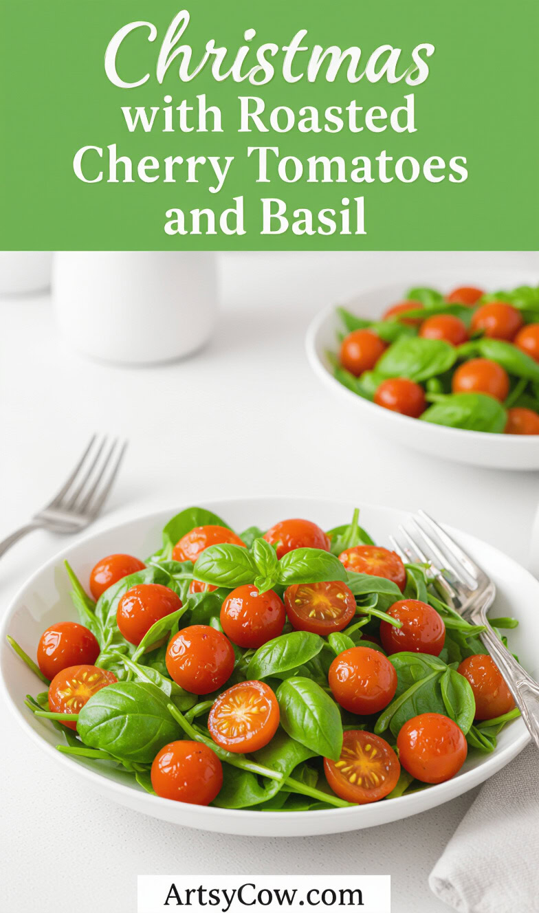 christmas salad with roasted cherry tomatoes and basil pin image