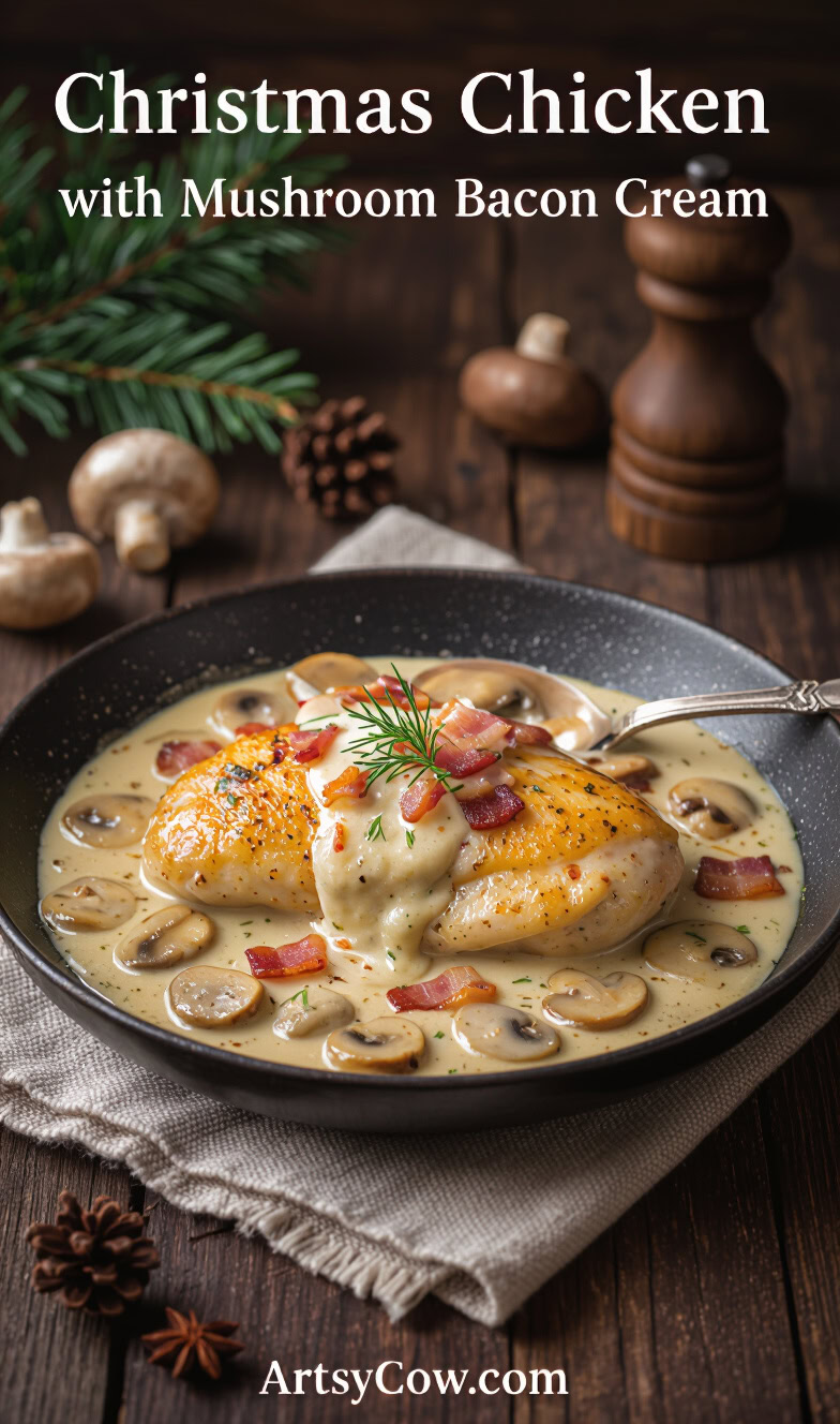 christmas chicken with mushroom bacon cream pin image