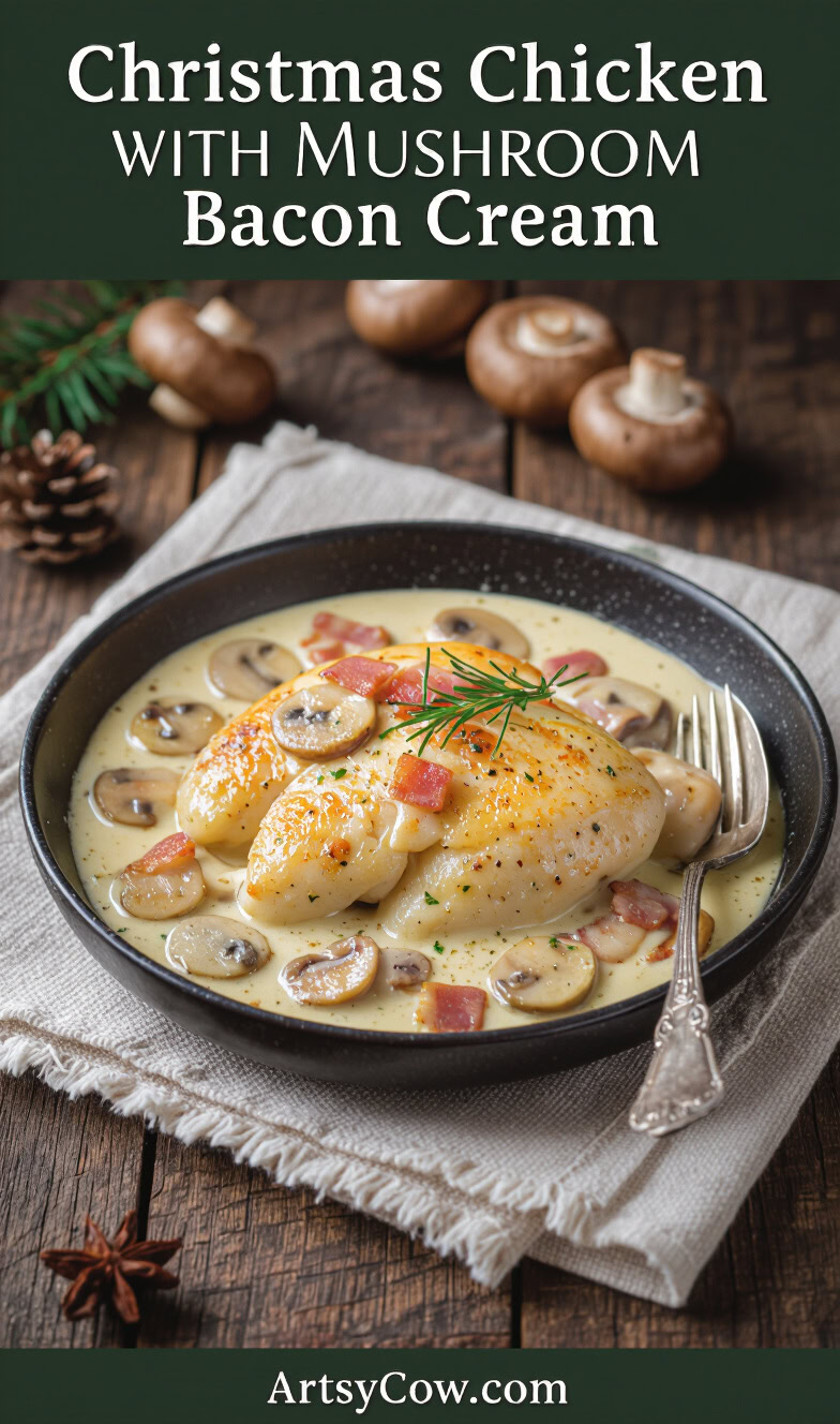 christmas chicken with mushroom bacon cream pin image