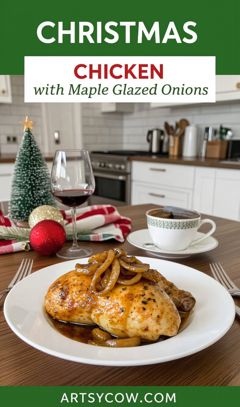 christmas chicken with maple glazed onions pin image