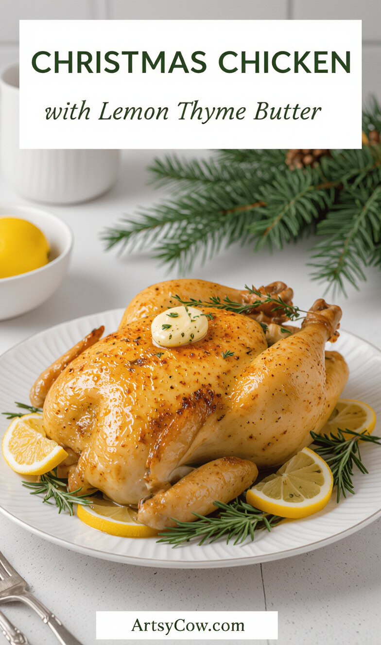 christmas chicken with lemon thyme butter pin image