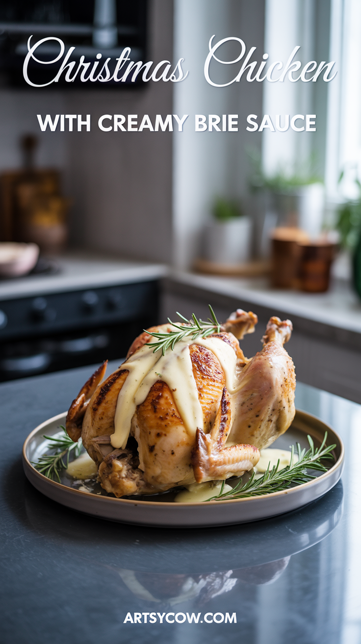 christmas chicken with creamy brie sauce pin image