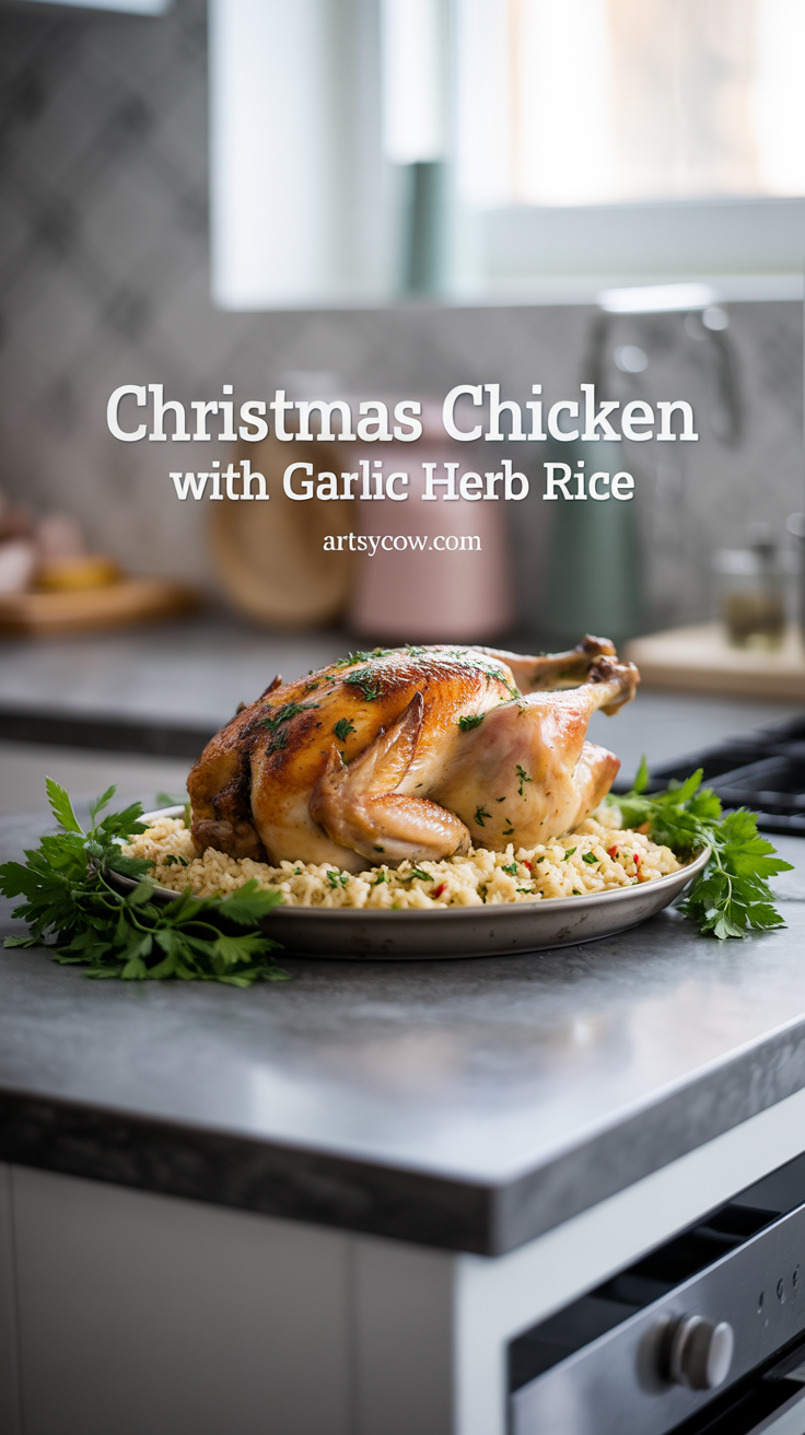 christmas chicken with garlic herb rice pin image