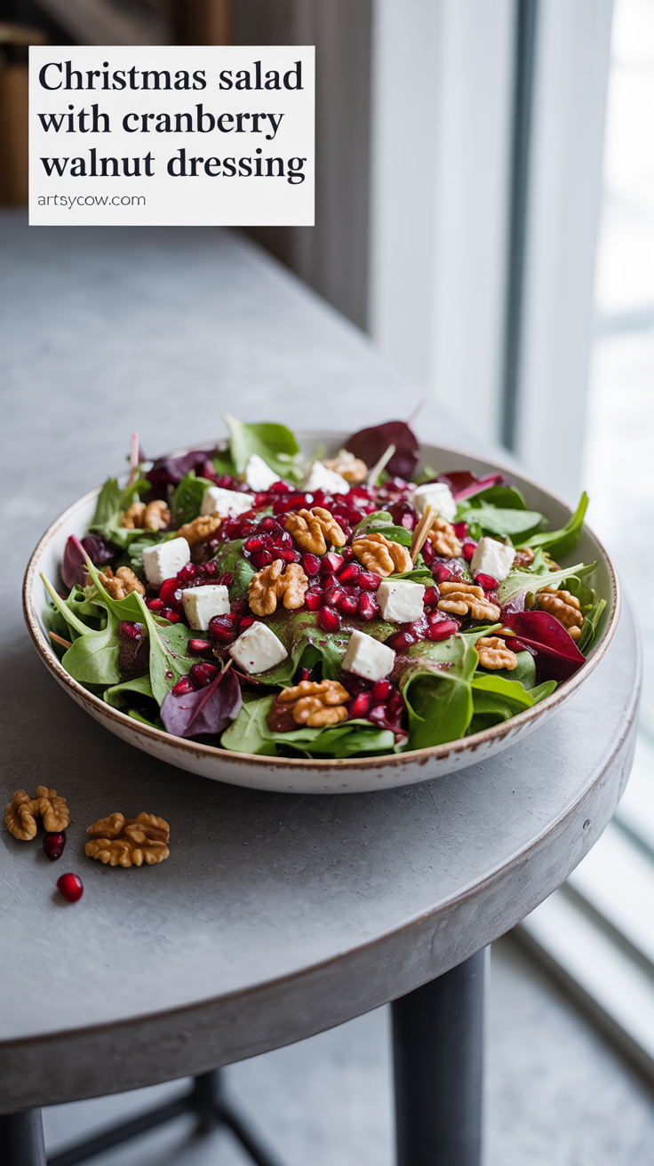 christmas salad with cranberry walnut dressing pin image