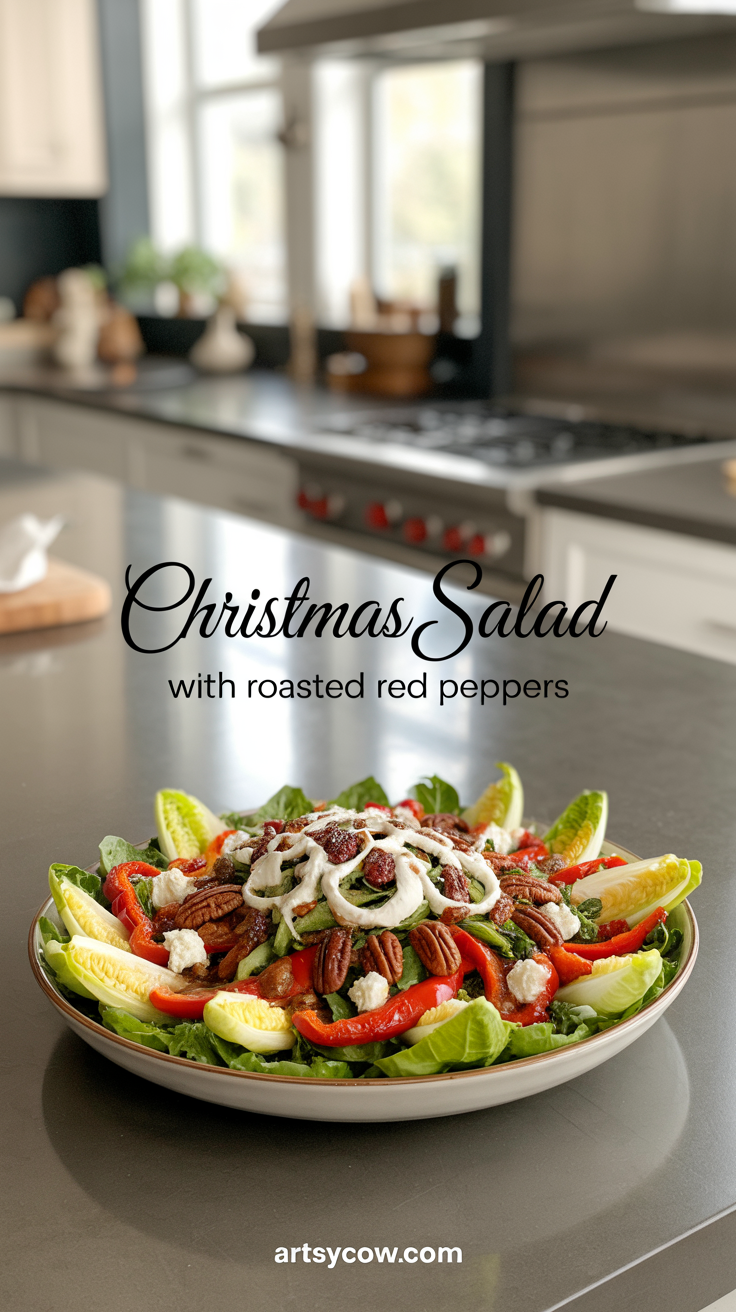 christmas salad with roasted red peppers pin image