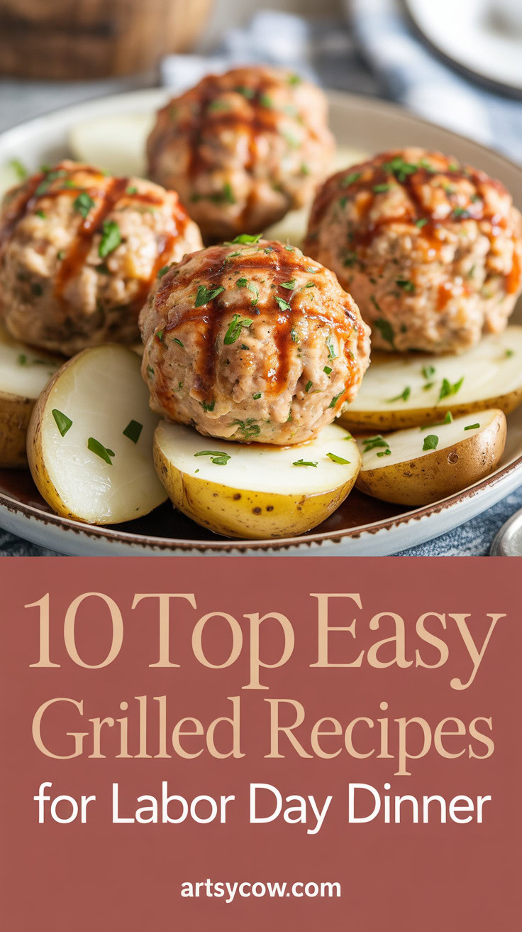 Top Easy Grilled Recipes For Labor Day Dinner - pin-1-Easy Grilled BBQ Chicken Meatballs with Potatoes-1
