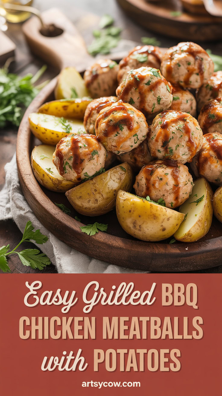 Easy Grilled BBQ Chicken Meatballs with Potatoes - pin-1-Easy Grilled BBQ Chicken Meatballs with Potatoes-3