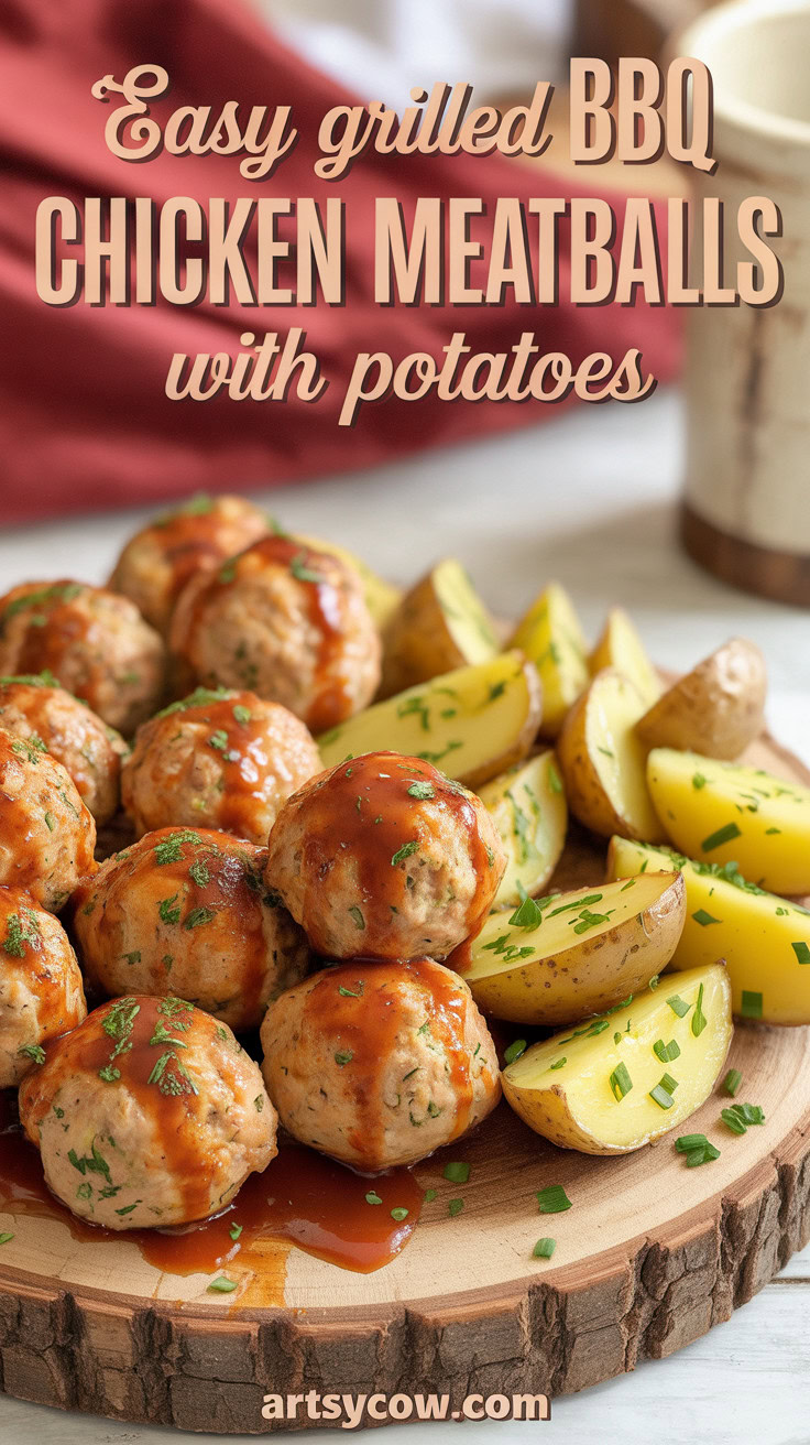 Easy Grilled BBQ Chicken Meatballs with Potatoes - pin-1-Easy Grilled BBQ Chicken Meatballs with Potatoes-4