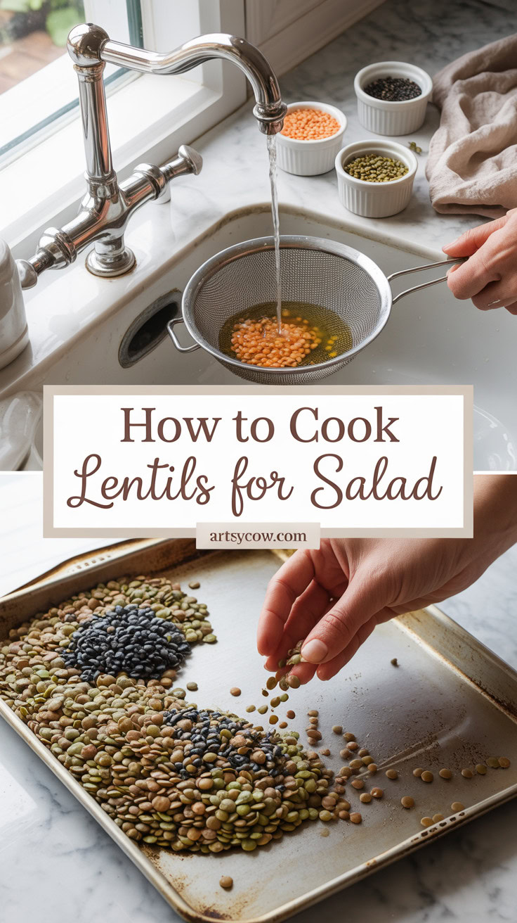how to cook lentils for salad - pin-1-with-title-Rinse and sort the lentils first.-4