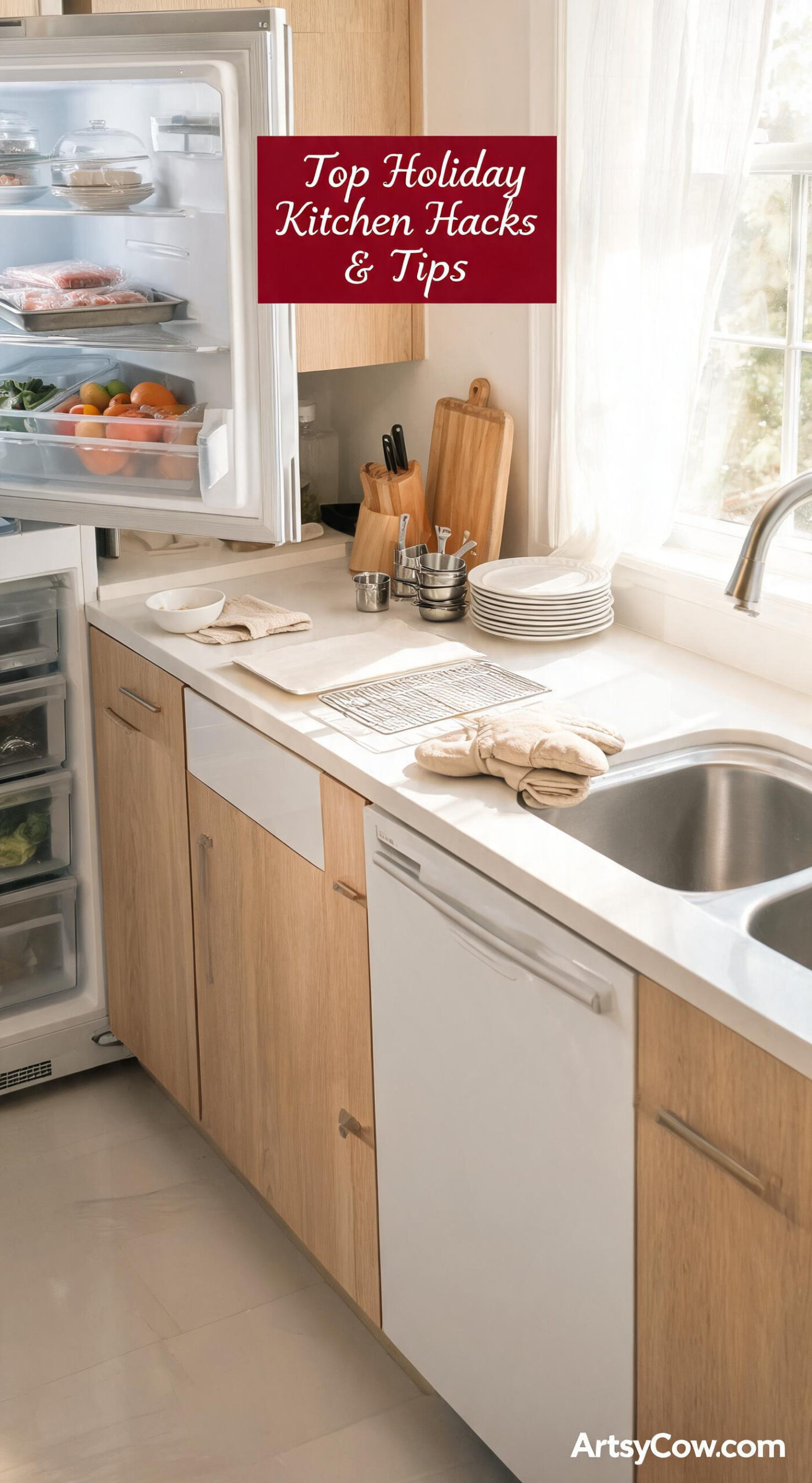 Top Holiday Kitchen Hacks & Tips - pin-1-with-title-Prep your kitchen before cooking.-4