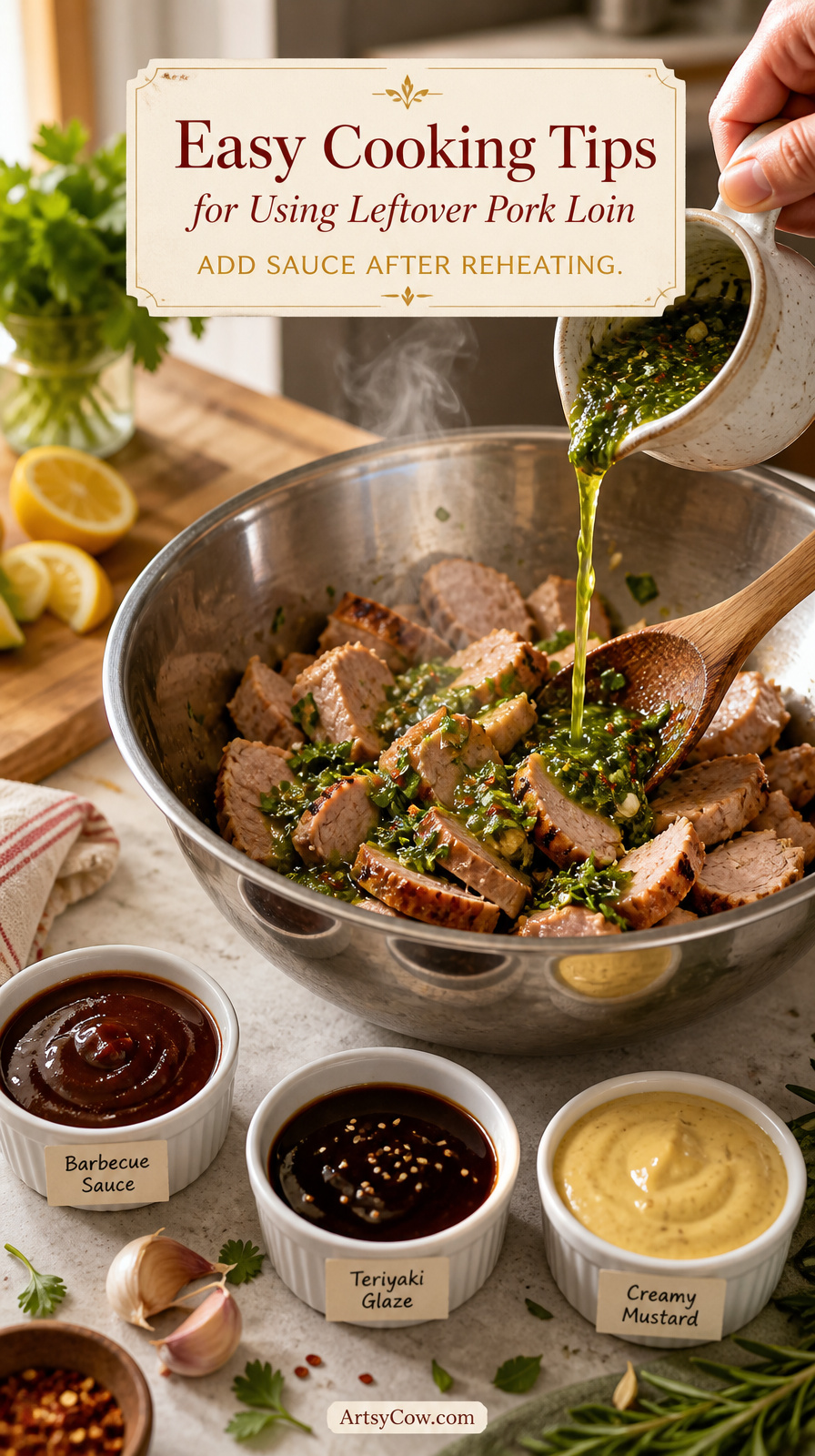 Easy Cooking Tips for Using Leftover Pork Loin - pin-3-with-title-Add sauce after reheating.-3