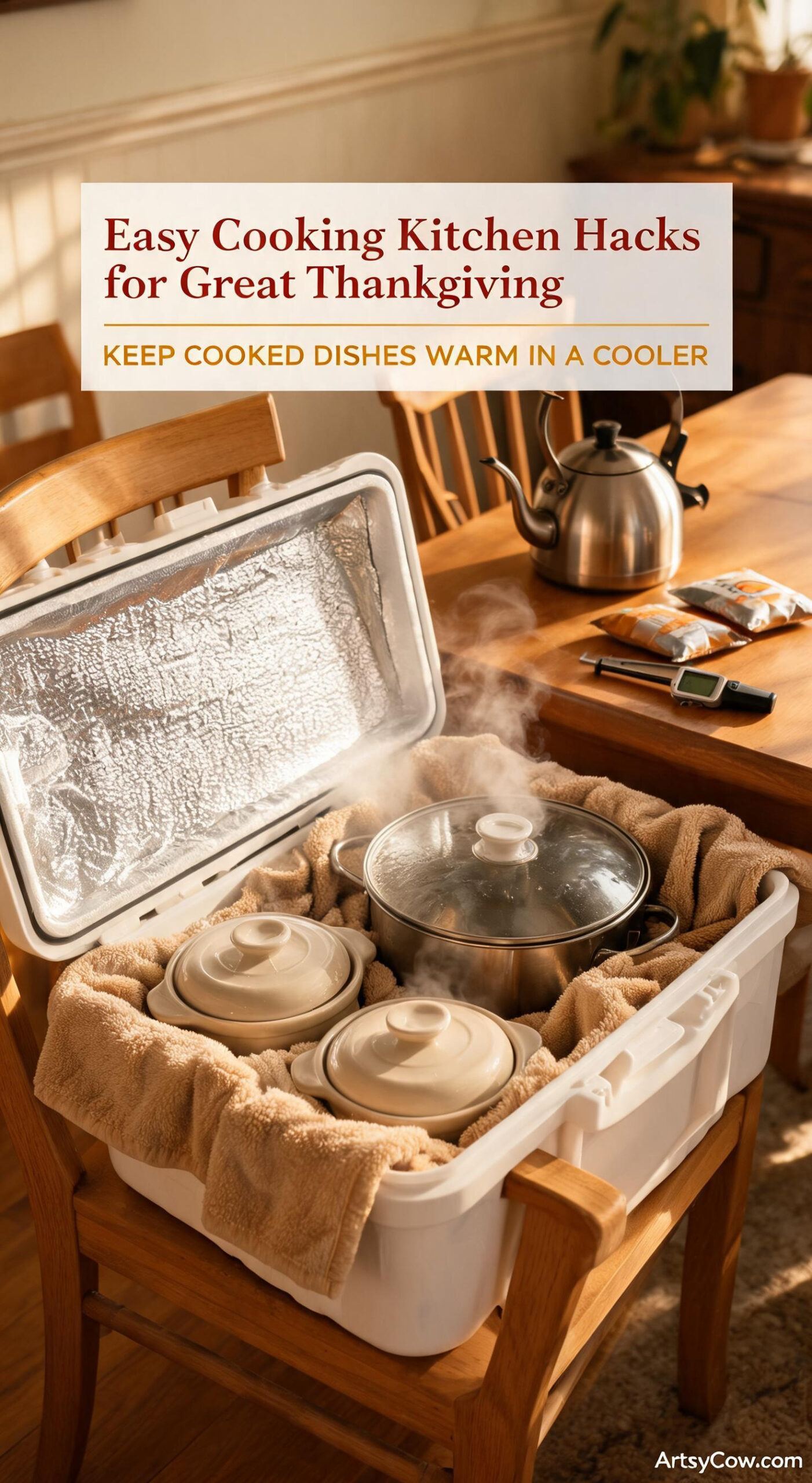 Easy Cooking Kitchen Hacks for Great Thanksgiving - pin-5-with-title-Keep cooked dishes warm in a cooler.-4