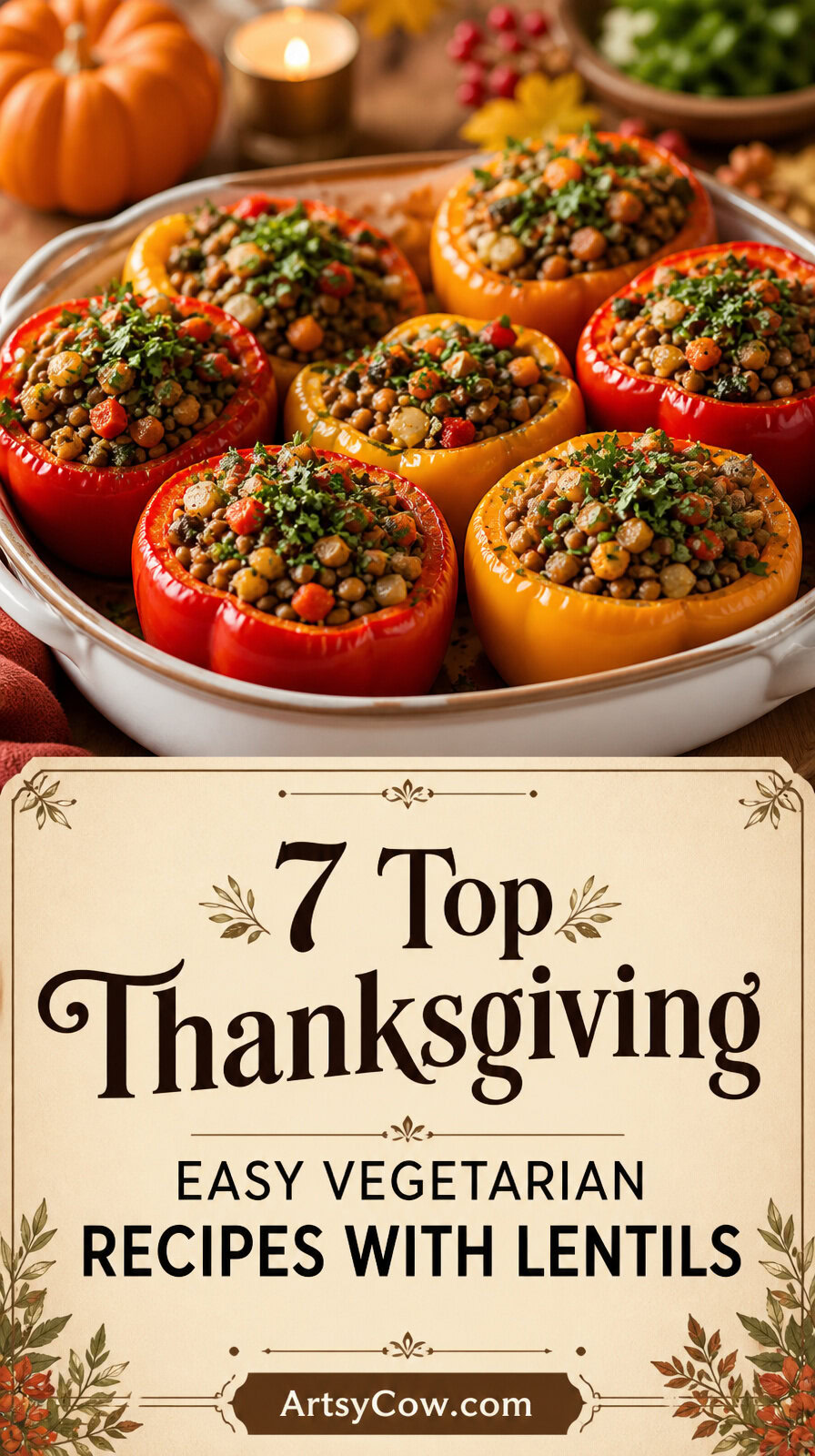 Top Thanksgiving Easy Vegetarian Recipes With Lentils - pin-2-Thanksgiving Lentil and Carrot Stuffed Peppers-4