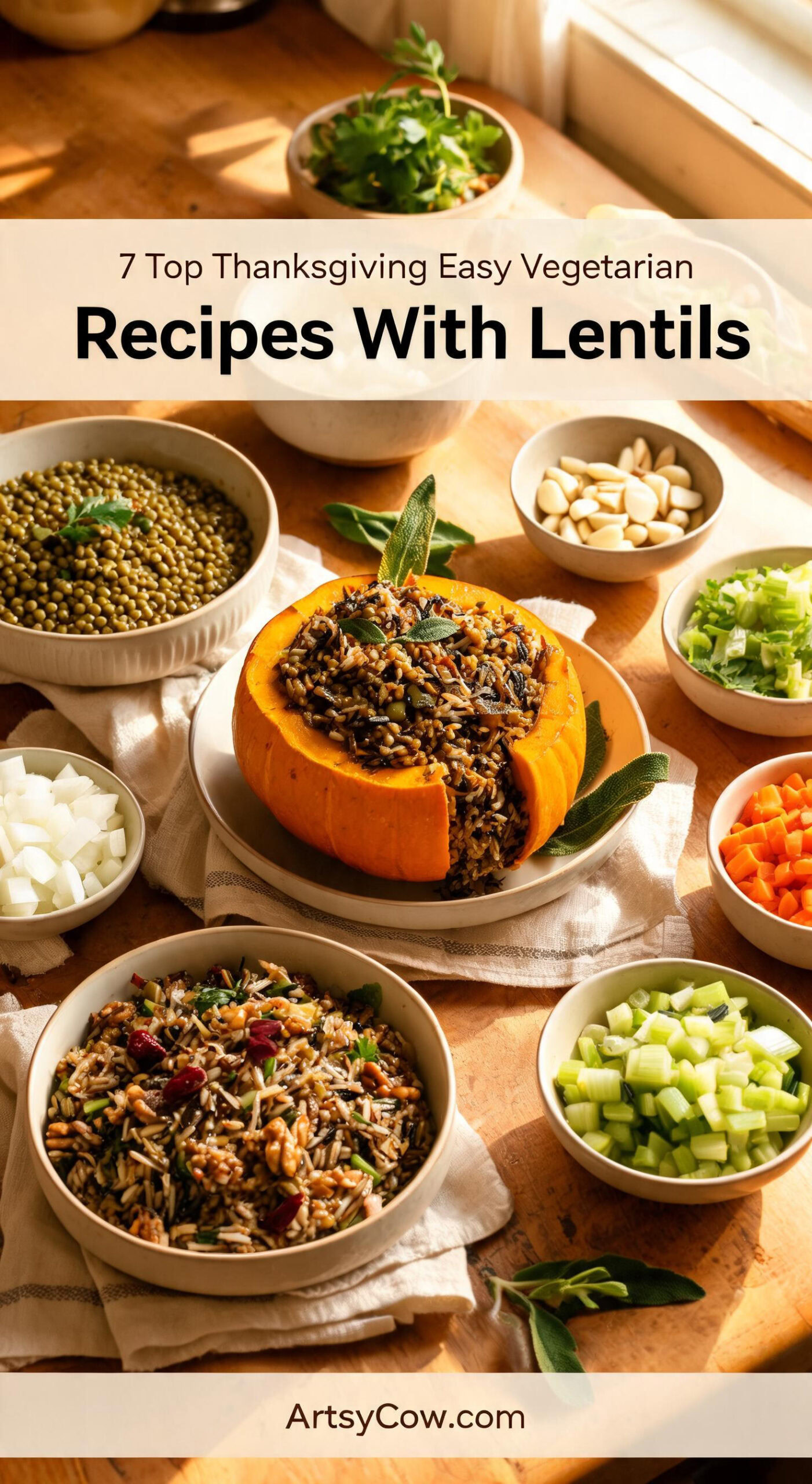 Top Thanksgiving Easy Vegetarian Recipes With Lentils - pin-6-Thanksgiving Lentil and Sage Stuffed Pumpkin-2