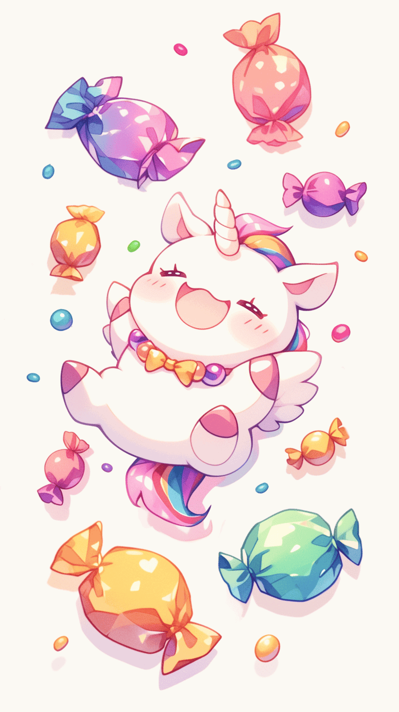 cute kawaii unicorn surrounded by colorful candies 