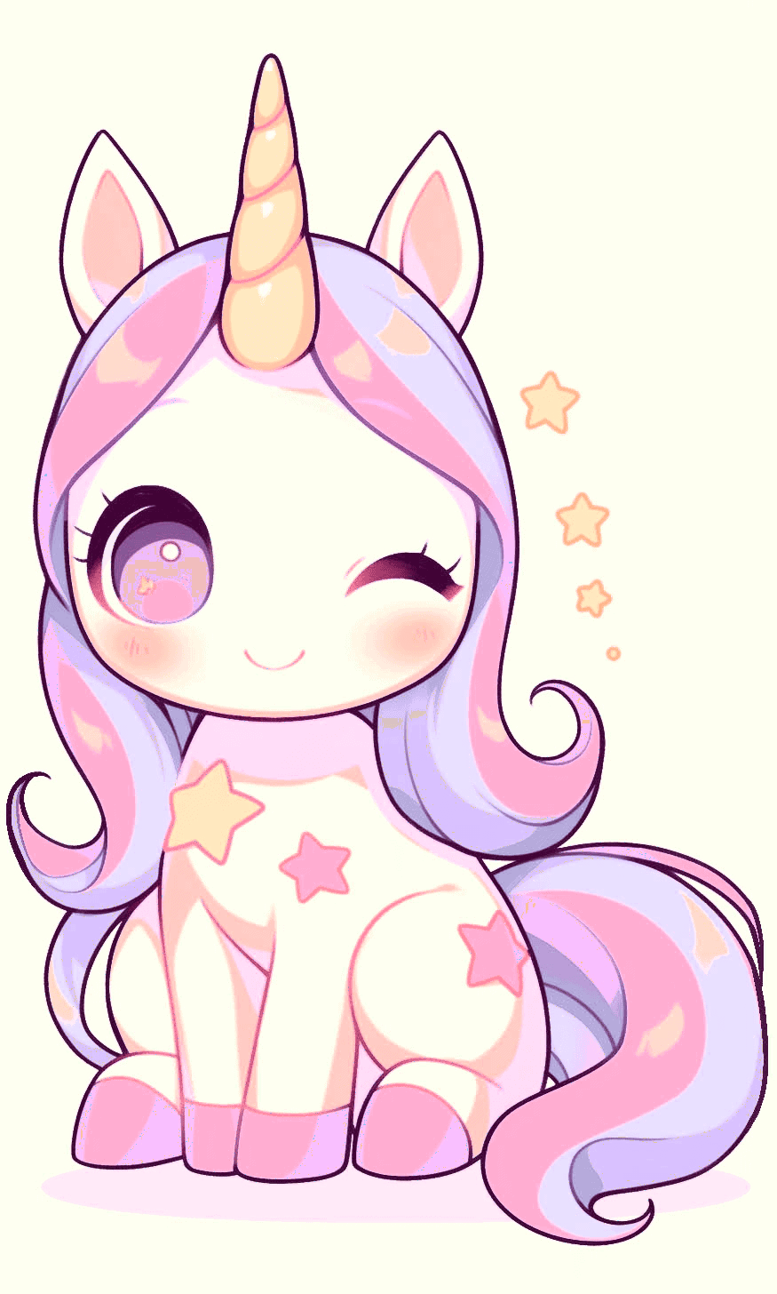 a sweet unicorn with stars on its body and a pastel mane