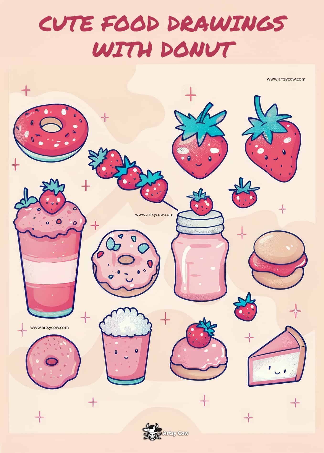 Various cute food drawings featuring donuts among other treats 